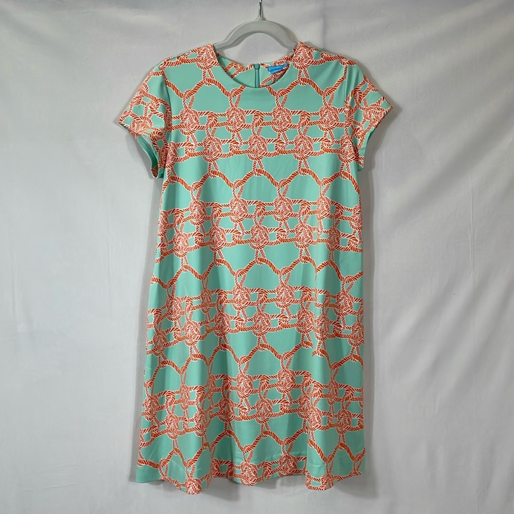 J. McLaughlin Dress L Aqua and Coral Print Nautical EUC